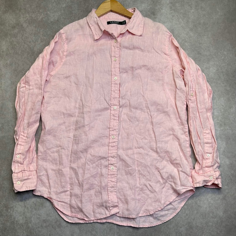 Lauren Ralph Lauren Pink 100% Linen Long Sleeve Button Down Shirt Womens Large